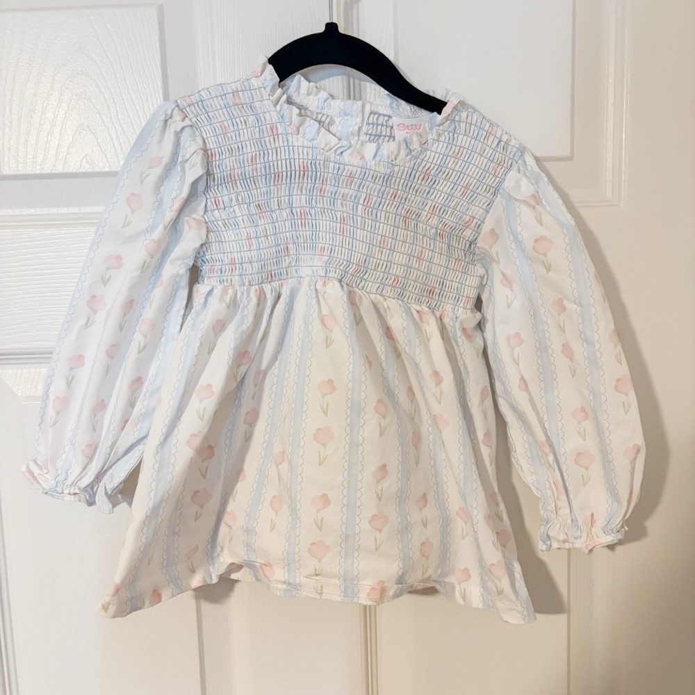 StitchyFish Sweet Pea Floral Stripe Smocked Long Sleeve Top -3T